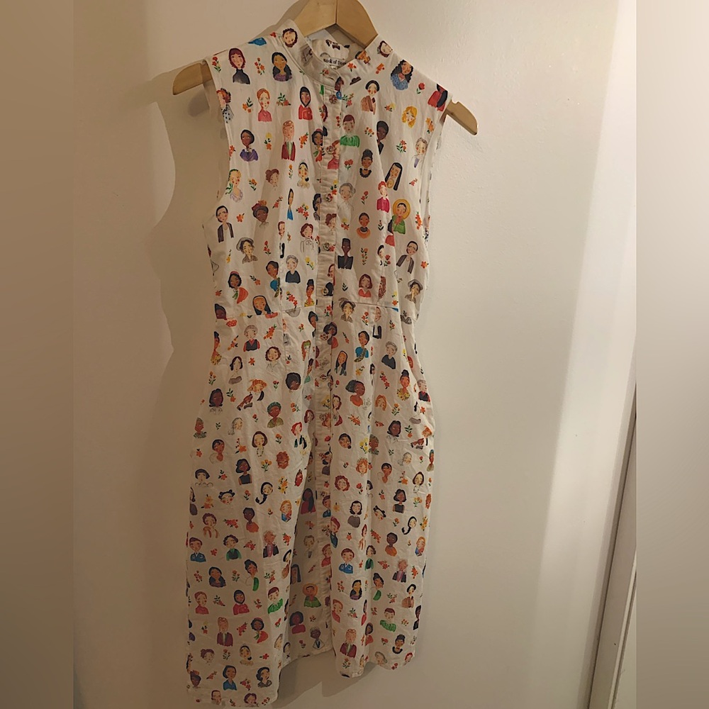 Beautiful one-of-a-kind shirt dress with “famous women” portraits pattern.